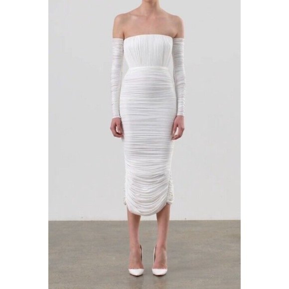 Alex Perry Sterling Ruched Long Sleeve Off Shoulder Dress White - Picture 4 of 8